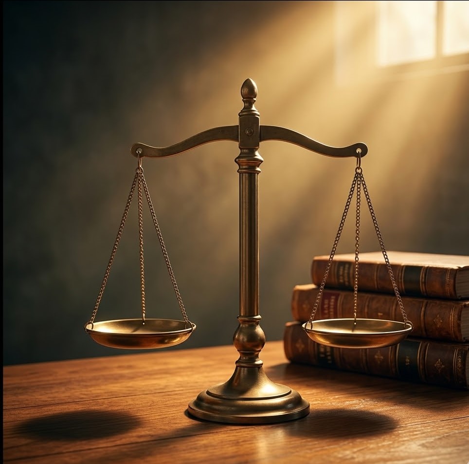 Balança da justiça com livros jurídicos